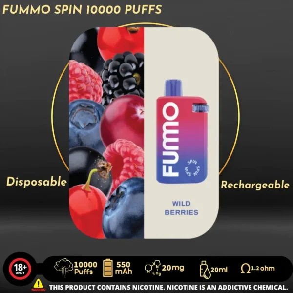 Discover the New Fummo Spin 10000 Disposable Vape with 10,000 puffs, 18ml e-liquid, and a rechargeable battery. Order now for fast delivery in Dubai!