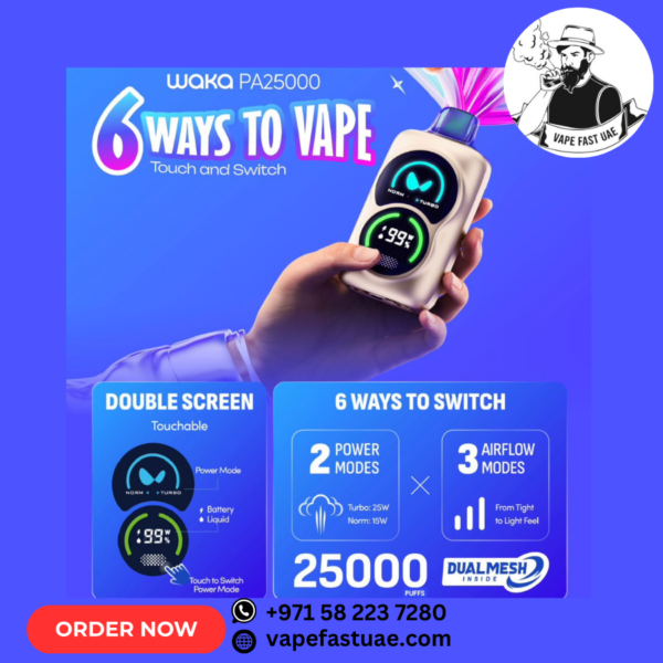 Waka PA25000 Puffs Disposable Vape In Dubai Product Title: Waka PA25000 Puffs Disposable Vape – High-Performance | Premium Flavors | Buy Online in UAE Product Description: The Waka PA25000 Puffs Disposable Vape is a revolutionary device offering an unparalleled experience. With a massive 25,000 puff capacity, this disposable vape redefines convenience and longevity for vapers in Dubai, Abu Dhabi, and the UAE. Pre-filled with 18ml of premium e-liquid and equipped with 5% nicotine strength (50mg), the Waka PA ensures a smooth and satisfying vape every time. Featuring a powerful 1500mAh rechargeable battery and Type-C fast charging, the Waka PA25000 ensures uninterrupted performance. Its mesh coil technology delivers bold and consistent flavors, while the sleek, portable design makes it perfect for on-the-go vaping. Key Features of Waka PA25000 Disposable Vape: Unmatched Puff Capacity: Up to 25,000 puffs for extended usage. Premium E-Liquid: Pre-filled with 18ml of high-quality e-liquid for long-lasting satisfaction. Nicotine Strength: Features 5% (50mg) nicotine salt for a powerful yet smooth throat hit. Rechargeable Battery: A robust 1500mAh capacity with Type-C USB fast charging for efficiency. Mesh Coil Technology: Delivers consistent, bold flavors and dense vapor clouds. Draw-Activated Design: Inhale to activate—no buttons or settings required. Compact & Portable: Stylish and lightweight design for vaping on the go. Leak-Proof Design: Ensures a clean and hassle-free vaping experience. Available Flavors of Waka PA25000 Puffs Vape: Top-Selling Flavor Options in UAE: Lush Ice: Sweet watermelon with a cool menthol twist. Mango Peach: A tropical fusion of ripe mangoes and juicy peaches. Strawberry Kiwi: A vibrant mix of sweet strawberries and tangy kiwi. Grape Ice: Bold grape flavor complemented by a frosty menthol exhale. Blueberry Mint: Sweet blueberries with a refreshing minty finish. Pineapple Coconut: A tropical escape with tangy pineapple and creamy coconut. Double Apple: A crisp and refreshing blend of green and red apples. Cool Mint: Crisp and invigorating mint for a clean vaping experience. Energy Drink: A bold and energizing flavor inspired by your favorite beverages. Sour Apple: Tart apple with a hint of sweetness and a cooling finish. Why Choose Waka PA25000 Disposable Vape in UAE? Advanced Features for a Premium Vaping Experience: Massive Puff Capacity: Enjoy up to 25,000 puffs, eliminating the need for frequent replacements. Rechargeable Convenience: The 1500mAh battery with Type-C fast charging ensures efficient performance. Rich Flavor Profiles: Mesh coil technology provides bold, consistent flavors from start to finish. Portable Design: Lightweight and sleek, perfect for travel and daily use. Hassle-Free Usage: Pre-filled and maintenance-free, ideal for beginners and seasoned vapers alike. Benefits of Waka PA25000 Puffs Disposable Vape: Extended Usage: With 25,000 puffs, this device is built for long-term satisfaction. Rechargeable Battery: Quick-charging technology ensures your device is always ready for use. Diverse Flavors: A variety of options cater to every taste preference. Leak-Proof Construction: It Prevents spills, offering a clean vaping experience. Portable and Stylish: It fits seamlessly into your pocket or bag, perfect for on-the-go lifestyles. User-Friendly: The draw-activated design makes it simple and convenient for all users. Who Is It For? Heavy Vapers: Designed for users who need a reliable device with high puff capacity. Flavor Enthusiasts: A wide variety of bold flavors ensures something for everyone. On-the-Go Users: Compact design makes it ideal for busy lifestyles. Ex-Smokers: Smooth 5% nicotine strength provides a satisfying alternative to smoking. Beginners: Maintenance-free and easy-to-use design ensures a seamless vaping experience. FAQs About Waka PA25000 Puffs Disposable Vape: Q: How long does the Waka PA25000 Puffs Disposable Vape last? A: The device offers up to 25,000 puffs, making it perfect for long-term use. Q: Is the Waka PA25000 rechargeable? A: It features a 1500mAh rechargeable battery with Type-C USB fast charging. Q: What nicotine strength does the Waka PA25000 offer? A: It contains 5% (50mg) nicotine salt for a smooth and satisfying throat hit. Q: Can I refill the Waka PA25000 Disposable Vape? A: No, the device is pre-filled and designed for single-use convenience. Q: Where can I get this product delivered in the UAE? A: We deliver to all major cities, including Dubai, Abu Dhabi, Sharjah, Ajman, Fujairah, and beyond. Shipping and Returns: Fast UAE Delivery: Same-day delivery in Dubai and quick shipping across the Emirates. Free Delivery: Available on bulk orders of 10+ units. Hassle-Free Returns: 30-day return policy for unopened and unused products. Meta Title and Description for SEO: Meta Title: Buy Waka PA25000 Puffs Disposable Vape Online in Dubai, UAE Meta Description: Shop Waka PA25000 Puffs Disposable Vape with 25,000 puffs, rechargeable battery, and premium flavors. Fast delivery across Dubai and UAE!