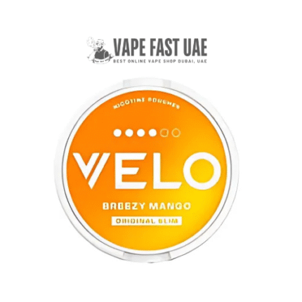 VELO Breezy Mango 11mg nicotine pouch in slim format, offering a smooth mango flavor, tobacco-free, available for 30 AED at Vape Fast UAE, Dubai