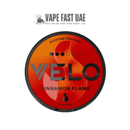 Velo Cinnamon Flame 10MG nicotine pouches offering a bold cinnamon flavor and strong nicotine hit, ideal for experienced users looking for a unique vaping experience